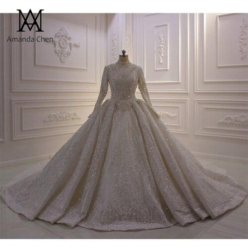 Vintage High Neck Long Sleeve Lace Applique Wedding Dress for Muslim