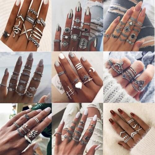 Vintage Silver Gold Color Knuckle Rings For Women Boho Crystal Star Snake Heart Geometric Female Finger Rings Set 2021 Jewelry