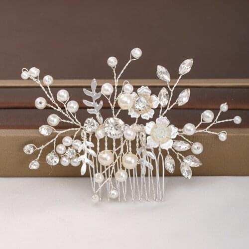 Wedding Hair Accessories womanHair Comb Silver Color Rhinestone flower Hair Comb Pearl Tiaras Bride Hair Ornaments Headpiece