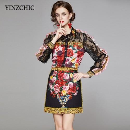 Royal Style Woman Autumn Print Suit Floral Printed Female Elegant 2pcs Offcie Suit Party Lace Patched Blouse Short Pencil Skirt