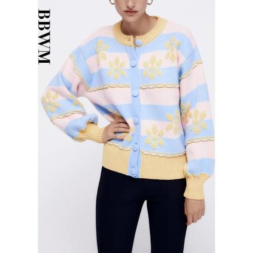 Za 2021 Flower Jacquard Cardigan Women Long Puff Sleeve Striped Knit Sweater Female Front Button Up Egegant Fitted Knitted Tops