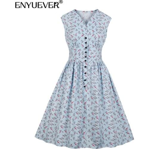 Enyuever Elegant Women Summer Dresses Casual Clothes Sleeveless High Waist Robe Pin Up Swing Floral Print Holiday Party Dress