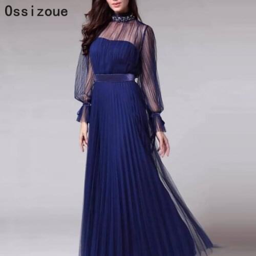 Plus Size Navy Blue Formal Mother Of The Bride Dress Long Sleeves Illusion Neck Women Lady Evening Dress In Stock