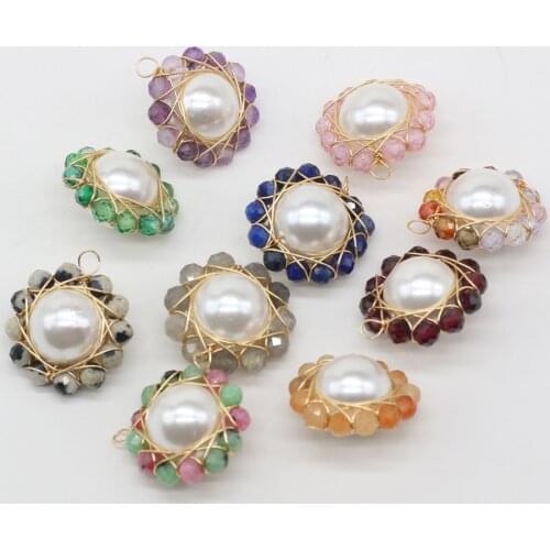 1pcs Natural Stone Round Sun Flower Pearl Garnet Amethysts Pendant for Women Necklace Bracelet Jewelry Accessories Size 16x18mm