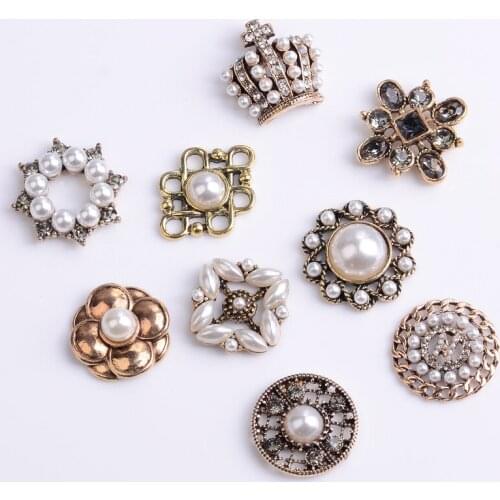 10 Pieces/Lot Vintage Metal Rhinestone Button Pearl Flower Charms Accessories DIY Jewelry Making