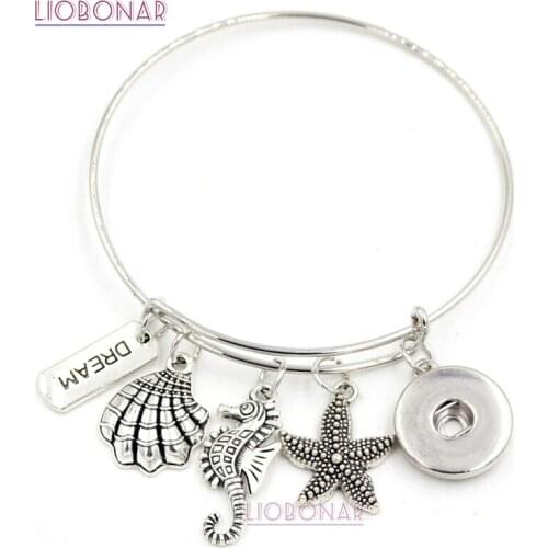 10PCS Wholesale New Arrival Snap Jewelry Starfish Seahorse Sea Shell Dream Charm Ocean Style Snap Bracelet Bangle For women
