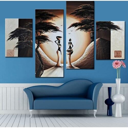 Abstract Landscape Oil Painting African Women Paintings 4 Panel Canvas Art Hand Painted Modern Canvas Painting for Home Decor