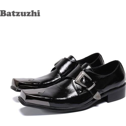 Batzuzhi Western Fashion Mens Shoes Metal Cap Toe Black Genuine Leather Dress Shoes Men Buckle Formal Business Leather Oxfords
