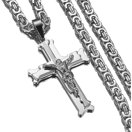 Betty Cross Necklace For Men Women Silver Color Stainless Steel 6mm Byzantine Catholic Crucifix Pendant Necklace Chain Gift