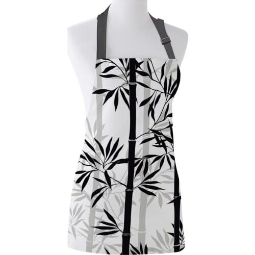 Black White Bamboo Chinese Style Ink Leaf Plant Apron Design Adjustable Canvas Kitchen Cafe Aprons Female Ladies Cooking Dining