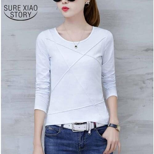 Cotton Long Sleeve Shirt Women Plus Size O-neck T-shirt 2021 Autumn Slim Fit Casual Solid New Office Lady Korean Clothes 10713
