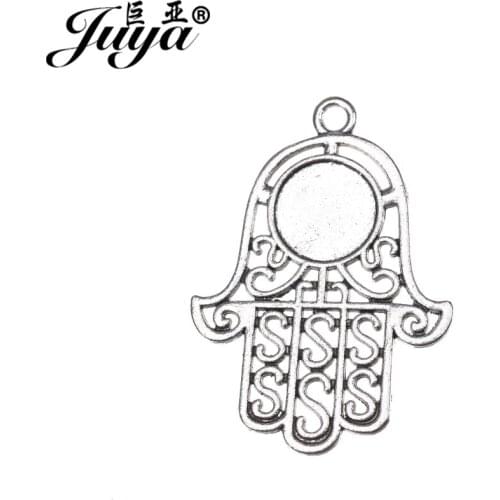 JUYA Filigree Fatima Hand Charms for Handmade Jewelry Crafts 36.5x26mm 10pcs Metal Pendant Cabochon Alloy Pendants AO0574