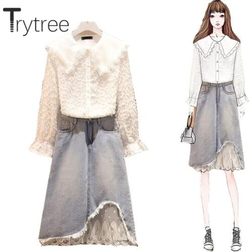 Trytree 2020 Spring Autumn Two piece set Casual Peter pan Collar Tassel Loose Top + Cowboy Skirt Lace Irregular Set 2 Piece Set