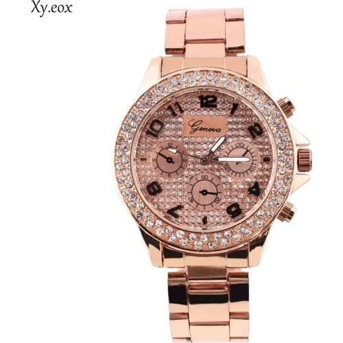 Bling Rose Gold Rhinestone Woman Girls Crystal Bracelet Quartz Wrist Watch 3 Eye