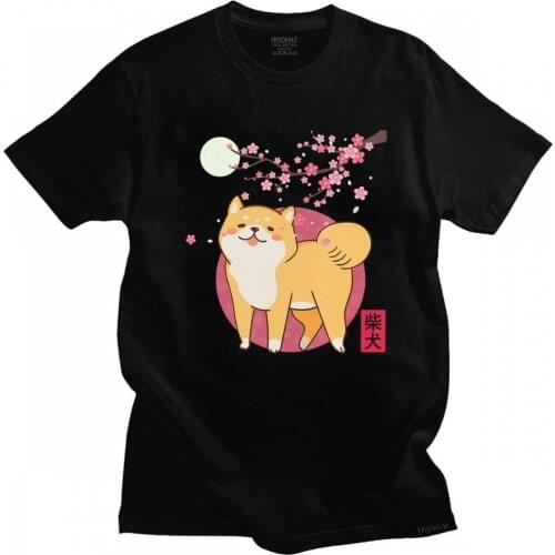 Personality Shiba Inu Tshirt Mens Short Sleeve 100% Cotton T-shirt Print Dog Of Japan Cherry Blossom Moon Kanji Tee Shirt