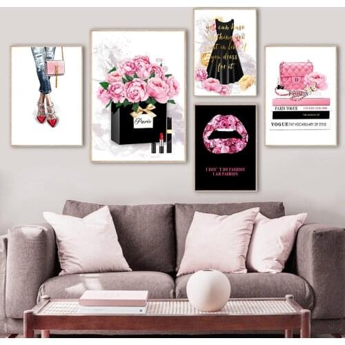 Girl Rose Lipstick Dress Package Lips Wall Art Canvas Painting Nordic Posters And Prints Wall Pictures For Living Room Decor