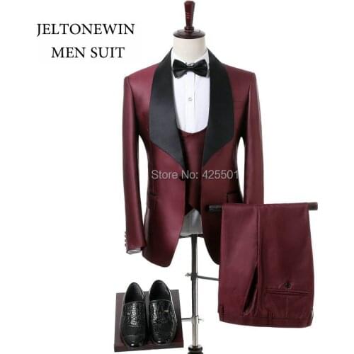 New Fashion Design Burgundy Shawl Lapel Groom Tuxedos Men Suits Slim Fit Elegant Wedding Best Man Blazer (Jacket+Pants+Vest)