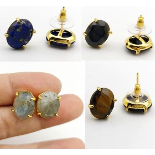 Oval Shape Stud Earrings Silver Color Natural Stone Faceted Pink Quartz Crystal Tiger Eye Healing Jewelry Female Gift