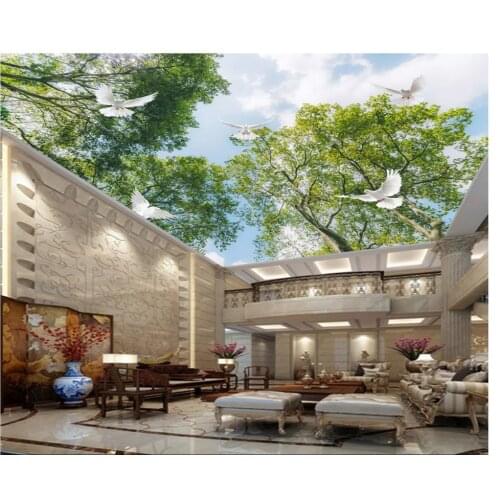 Beibehang Custom silky wallpaper fresh forest tree top blue sky white clouds bedroom ceiling zenith papel de parede 3d wallpaper