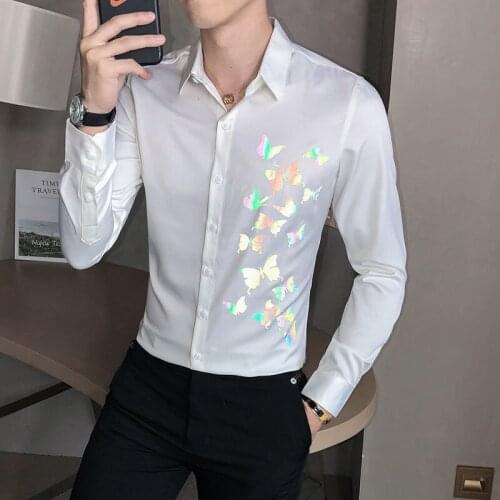 Mens Rainbow Autumn Butterfly Printed Long Sleeve Shirt Camisa Masculina Slim Fit Flower Shirt Men Ropa De Hombre 2020