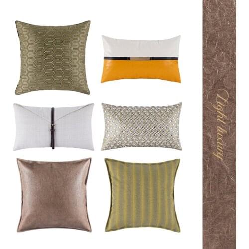 Modern jacquard pillow case decorative geometric pillowcase pu leather belt back cushion cover backrest pillow cover