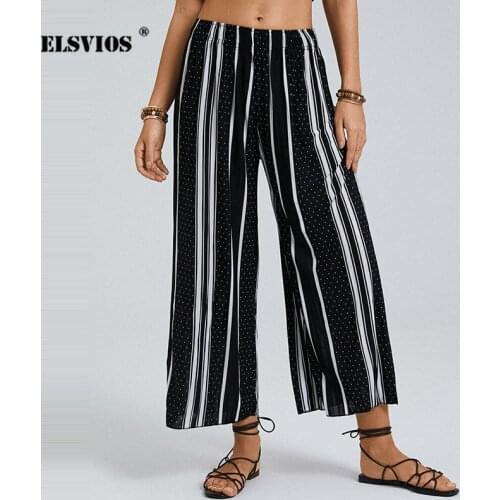 2021 Fashion Womens New Striped Printed Loose Wide-leg Trousers Summer Casual High Waist Elegant Slim Party Ladies Long Pants