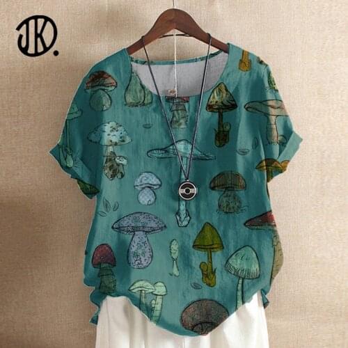 Cute Style Mushroom Print Top Fashion Short-sleeved Womens Casual Round Neck Clothing Top Summer Loose Pullover For Ladies 3XL