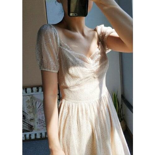 Women Summer Vintage Elegant SLim Shining Sequined Lace Long Casual Everyday Princess Midi Dress Clothes vestidos