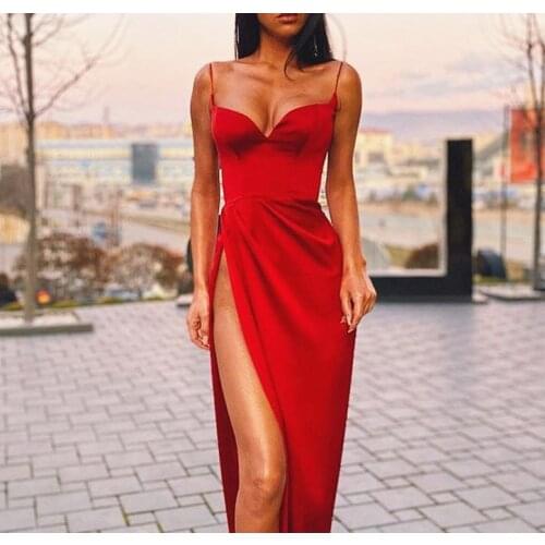 New Hot Fashion Women Sexy Dress Sleeveless Sling Solid Color Pleated Split Evening Party Sexy Dress Summer Hot Tight Pure Color