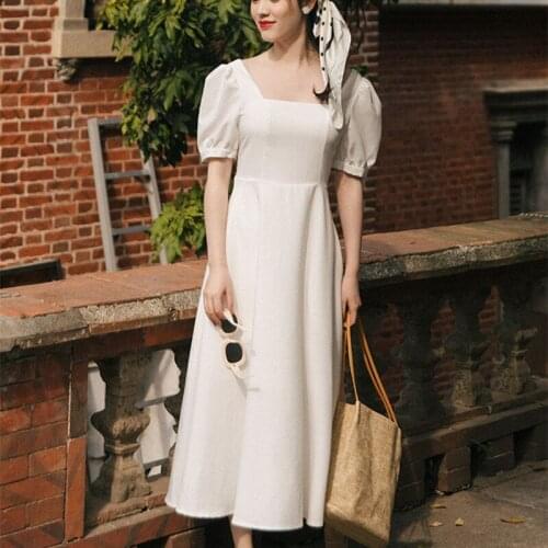 Dresses for Women 2021 White Square Neck Elegant Puff Sleeve Dress Summer Palace Style Retro Short Sleeve Vestido