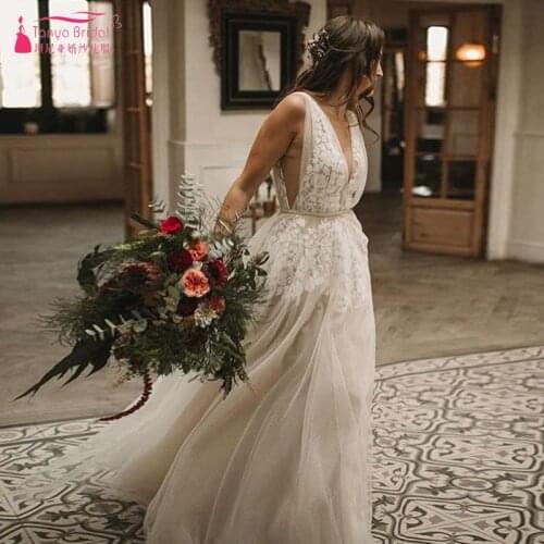 Deep V-Neck Bohemian Wedding Dresses Nude Lining 2019 Fashion GYPSY Romantic Bridal Gowns robe de soiree Custom ZW133