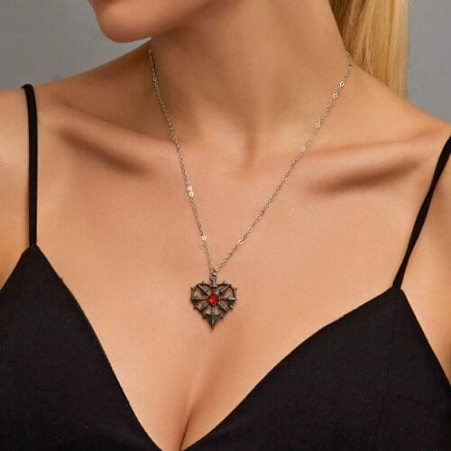 Vintage Heart Red Crystal Pendant Necklace for Women Retro Silver Color Gothic Neck Chains Collares Goth Female Necklace Jewelry