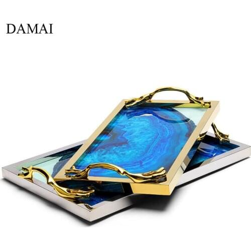 Gold Inlay Agate Texture Ceramic Trays Decorative European Modern Metal Frame Plating Craft Jewelry Display Tray Home Decoration