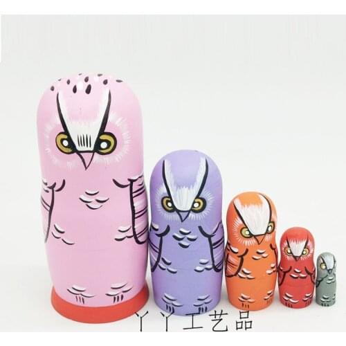 5Pcs Cute Owl Animal Wooden Russian Matryoshka Nesting Doll Puzzle Toy Craft Gift Home Decoration