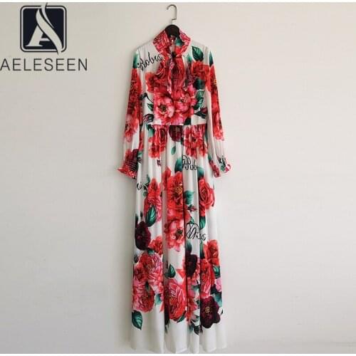 AELESEEN Runway Fashion Women Dress 2021 Spring Autumn Bow Collar Letters Rose Flower Print Long Elegant Party Dress