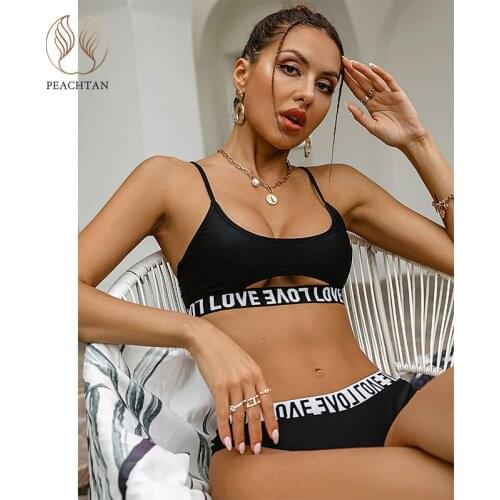 Peachtan Letter printing bikinis 2021 mujer Bandeau swimsuit women Cut-out swimwear female Sports bathing suit swimming suit set