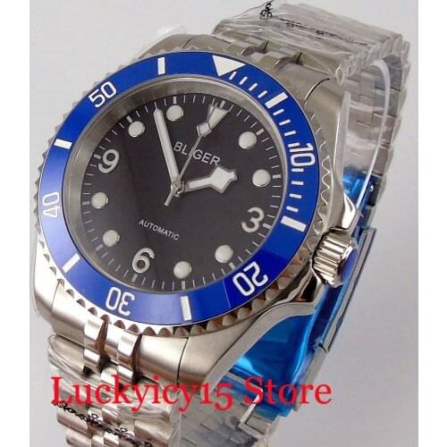 BLIGER Business SUB Steel SUB 24 Jewels NH35A 40mm Mechanical Men Watch Jubilee Steel Bracelet Seeing Glass Back