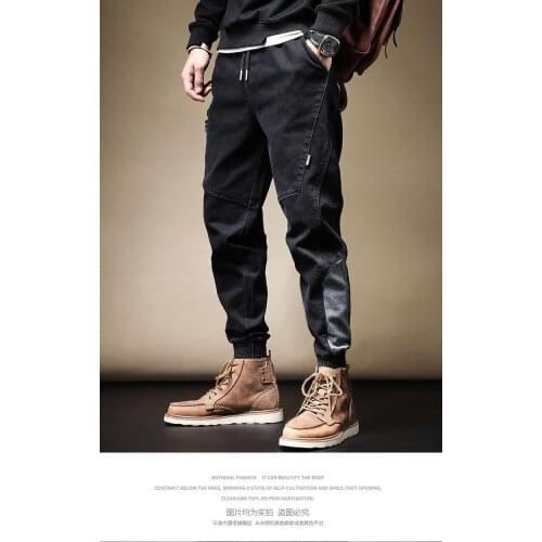 Spring and Summer Black Blue New Jeans Mens Casual Loose Large Size Stitching Straight Elastic Waist Mens Fat Pants Overalls