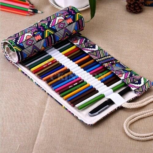 50Pcs/Lot 36/48/72 Holes Canvas Wrap Roll Up Pencil Pen Bag Holder Case Storage Pouch