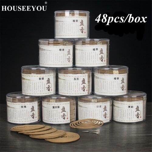 HOUSEEYOU 10 Kinds of Natural Fragrance Incense Coil Home Incense Spice Antiseptic Refreshing 48 Coils/Box Jasmine Rose Indian