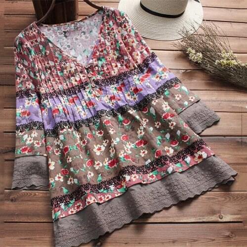 Fashion Womens Casual Loose Boho Blouse Vintage Ethnic Style Long Sleeve Shirts Autumn Spring Printed V-neck Pullove Tops Blouse