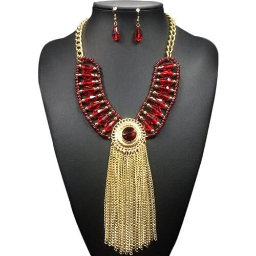 Fashion Jewelry Sets Water Drop Artificial Crystal Chain Long Aluminum Tassel Pendants Necklace Dangle Earrings Jewelry Sets