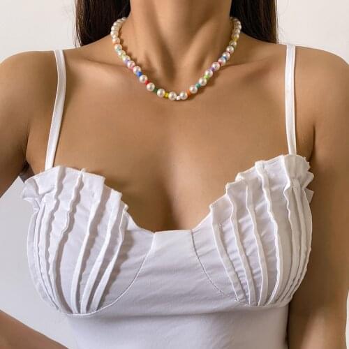 Origin Summer Boho Colorful Irregular Stone Chokers Necklaces for Women Layered Rainbow Beaded Imitation Pearl Pendant Necklace