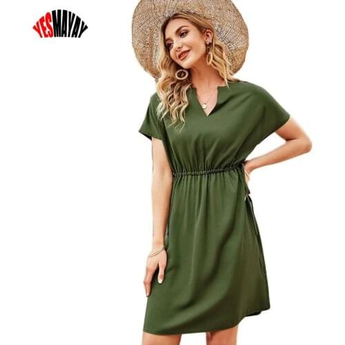 Office Ladies Short Sleeve Summer Dress Women Casual V Neck Midi Dress Fashion Solid Color Green Dresses Woman Vestidos Female