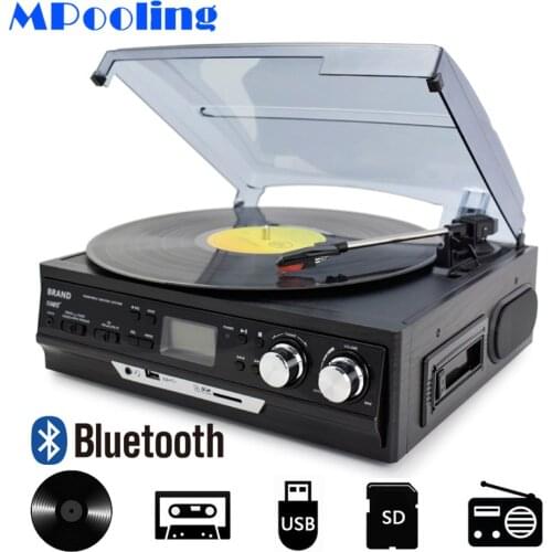MPOOLING Bluetooth Vinyl Record Player 3 Speed Belt-drive Turntable Cassette Player MP3 Player USB Recorder AC110V~130V/220~240V