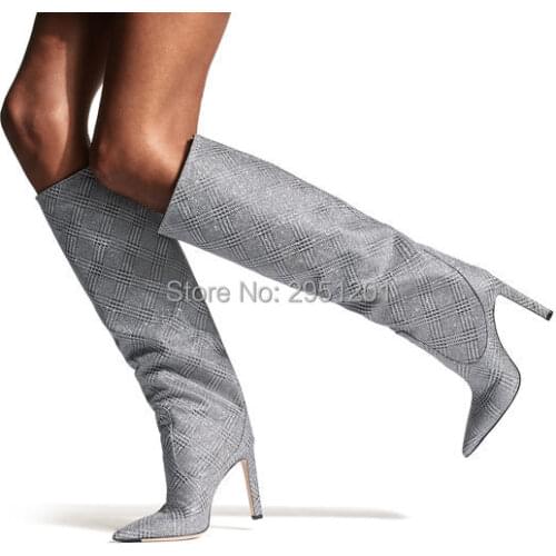 Brand Women Boots Thin High Heel Knee High Boots Faux Leather Pointed Toe Autumn Winter Long boots Black Blue Snake Boots