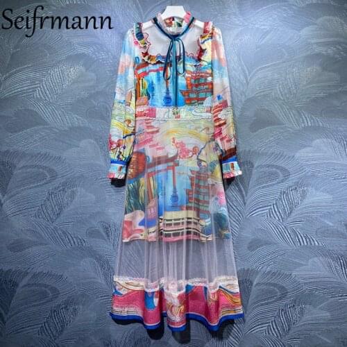Seifrmann New 2021 Autumn Women Fashion Designer Party A-Line Dress Lantern Sleeve Gorgeous Ruffles Lace Printed Midi Dresses