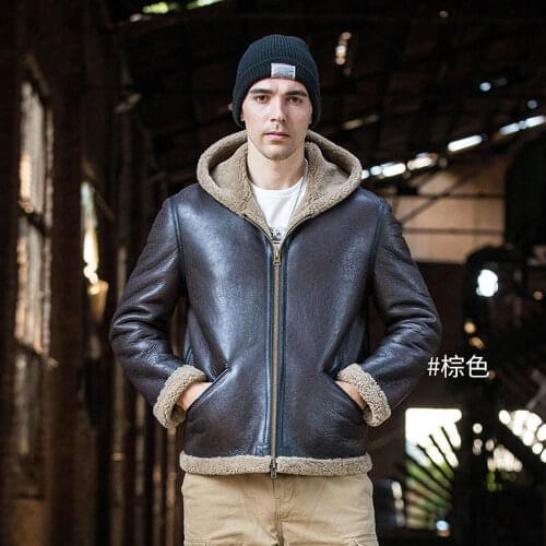 Warm Hooded Real Fur Coat Men Winter Warm Brown Black Fur Sheepskin Shearling Genuine Leather Coats