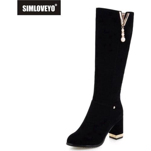 SIMLOVEYO 2021 Ladies Knee High Boots Zip Flock Pearl Metal Decoration Short Plush 7.5CM Block Bling Heel Size 32-43 Black A4473