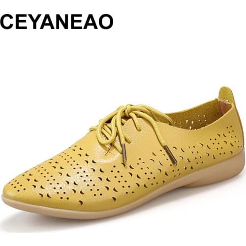CEYANEAO Split Leather White Shoes For Woman Cow Muscle Soft Bottom Pointed Toe Lace Up Casual Leather Women Flat ShoesC035
